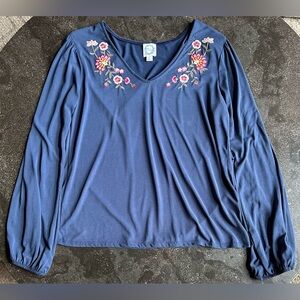 Blue Rain | Navy Blue Floral Embroidered Blouse